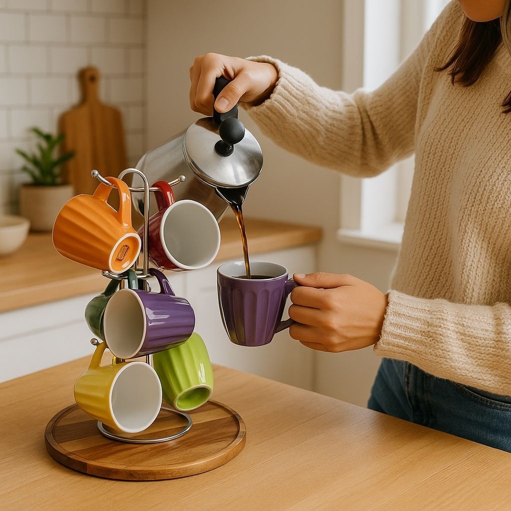 Set of 6 Colorful Fluted Ceramic Mugs with Silver Metal Display Tree Stand